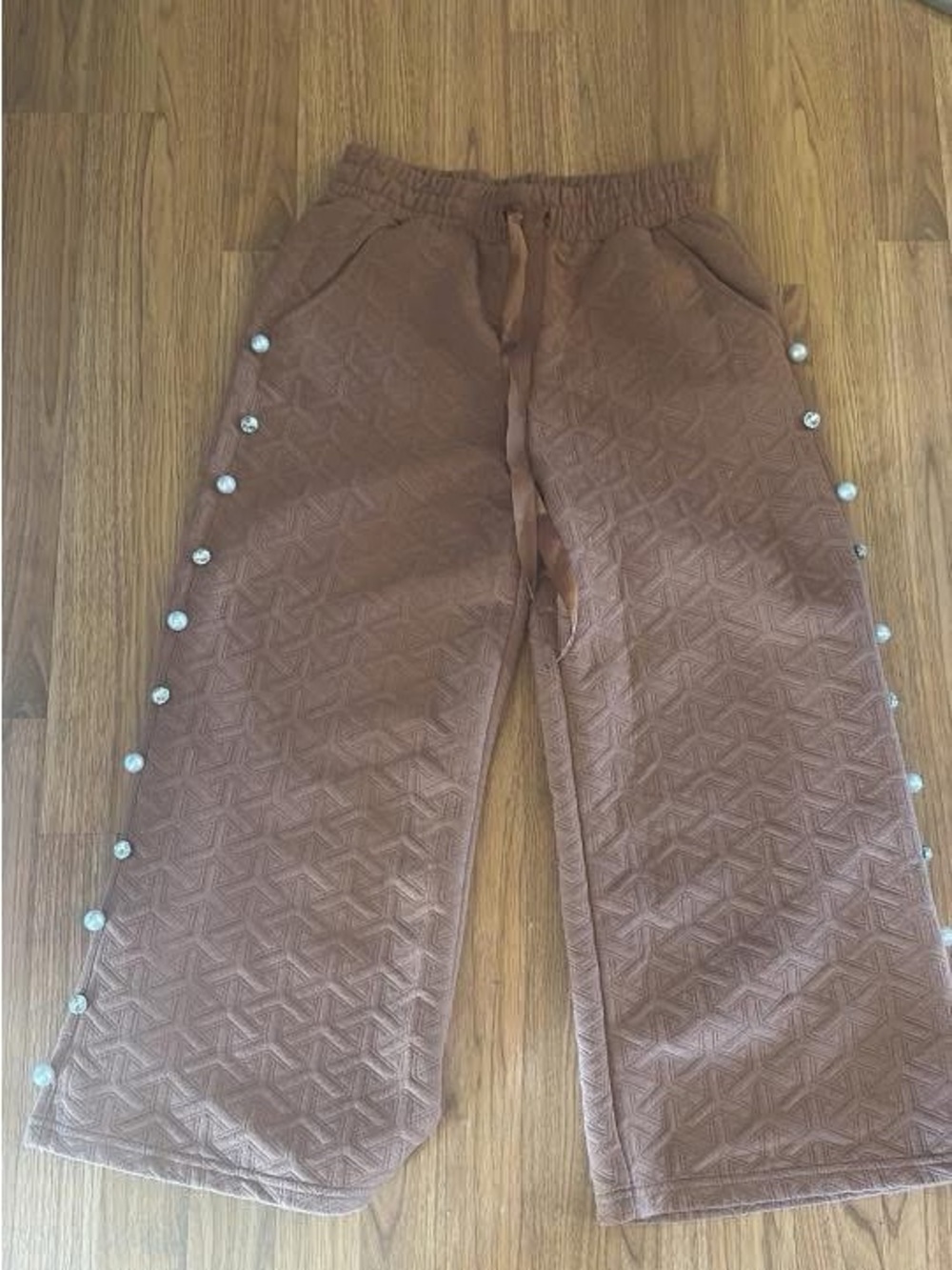 Women’s Brown Quilted Pajama Pants with Side Buttons